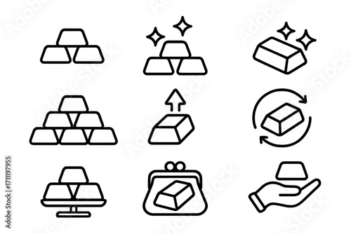 Gold bar line icon set. Finance, investment, and wealth concepts. Bullion, treasure, and savings symbols. Editable stroke vector illustration for banking and economics.
