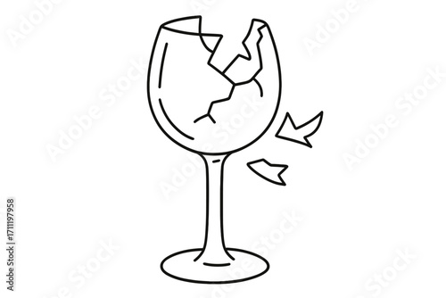 Broken wine glass line icon. Fragile glassware shattered. Vector cartoon illustration for concepts of accident, failure, end of relationship, bad luck, disaster, fragility.
