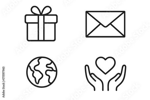 Gift and charity outline icon set. Simple vector icons of donation, present, mail, and global care. Concepts for love, support, giving, and environment. Line art.