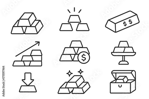 Gold bar line icon set. Bullion, treasure, investment, and wealth concepts. Financial growth, banking, savings, and value symbols for business and economy. Editable stroke icons.
