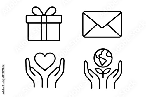 Charity and donation outline icon set. Vector icons of gift, mail, heart in hands, and globe with plant. Concepts for giving, care, love, and environmental support.