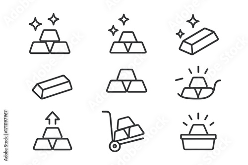 Gold bars line icon set for finance and investment. Vector bullion, treasure, and wealth symbols. Editable stroke pictograms for banking, economy, and savings concepts.