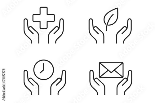 Hands care outline icon collection. Health care, nature, time and communication symbols. Vector line art pictogram with medical cross, leaf, clock, and envelope. Editable stroke.