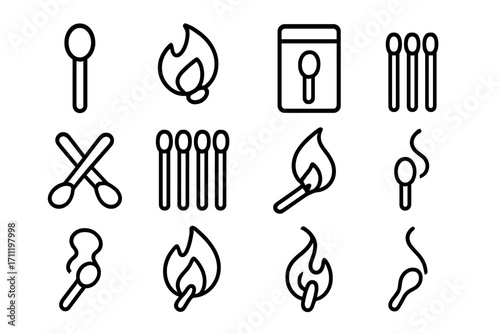 Matches icon set in a modern outline style. Matchstick, matchbox, fire, and flame symbols for design. Vector linear pictograms for apps, web, and social networks. Burning concept illustration.