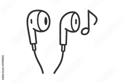 Earbuds line icon. Listen to music concept. Vector drawing of in-ear headphones with musical note. Audio equipment for podcast, song, playlist, streaming. Sound doodle style.
