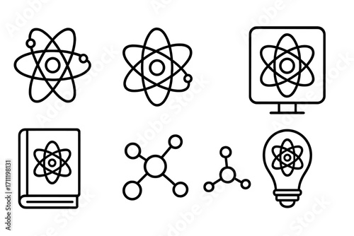 Science and atomic energy icons set with atom models, molecular structures, light bulb innovation ideas, educational book, and digital display symbols, vector line art for web, apps, and print
