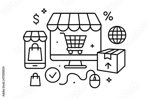 Online shopping vector outline icon set. E-commerce concept. Digital store, internet marketplace. Mobile purchase. Add to cart. Worldwide delivery. Sale and discount.