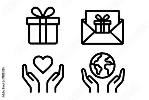 Line icon set of gift, charity, present, globe, mail envelope, heart and nature between hands, donation concept, charity support, ecological care, vector cartoon illustration for apps and graphics