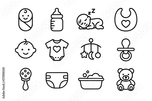 Newborn baby icons set, infant care line illustrations with bottle, sleeping baby, bib, baby face, onesie, mobile, pacifier, rattle, diaper, bath tub, teddy bear, editable stroke vector