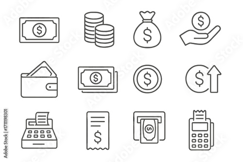 Money Thin Line Icon Set, Cash Register, Receipt, Wallet, Coins, Dollar Symbols, ATM Withdrawal, Payment Terminal, Financial and Banking Outline Symbols for Web and Graphic Design