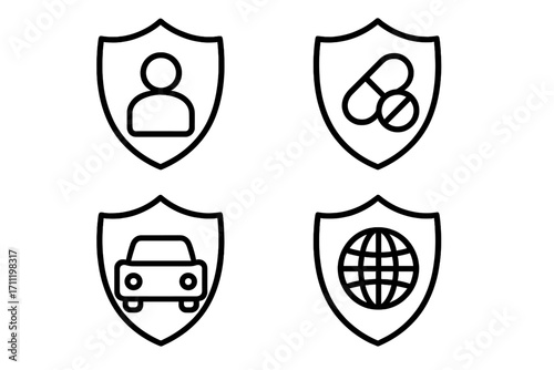 Protection shield icon set. Vector linear icons for insurance concept. Life, health, car, and global security symbols. Secure signs for web, app, UI, UX design graphics.