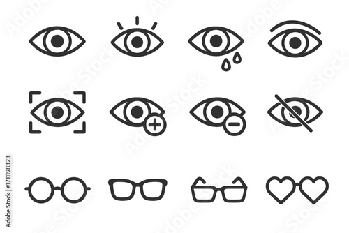 Pack of eye and glasses related line icons, outline vector signs for graphic design, web, apps, advertisements, UI elements, vision, eyewear, glasses, eye care symbols, transparent background
