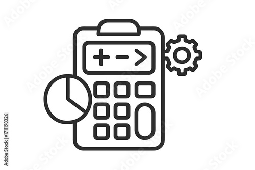 Calculator on clipboard icon. Financial accounting and budget calculation concept. Data analysis with pie chart and settings gear. Business report and audit symbol. Line art vector.