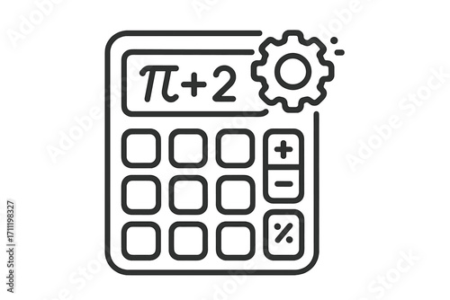 Calculator line icon with pi symbol and gear, representing mathematics, engineering, and technical calculation. Vector graphic for finance, accounting, and educational design.