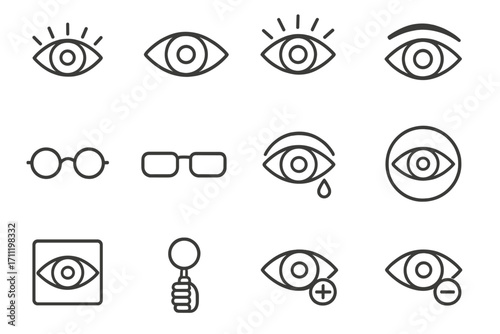 Eye and Glasses Line Icons Pack. Outline Signs for Vision, Eyewear, Eye Care, Optical Health, Glasses, and Vision Test Symbols for Graphic Design, Apps, Advertising, and Cards