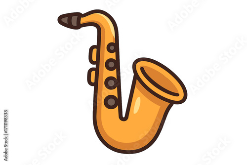 Saxophone icon vector cartoon illustration. Musical instrument symbol for jazz music festival. Classic brass wind instrument for orchestra or band. Golden sax logo graphic design element.