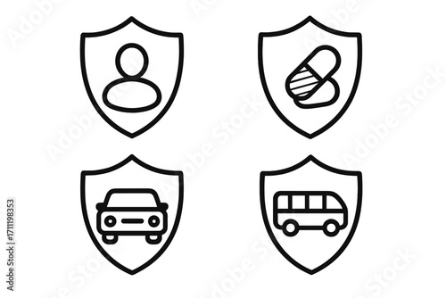 Insurance icon set. Life, health, car, and transport protection concept. Shield symbol with person, pills, auto, and bus. Simple linear vector illustration for web and apps.