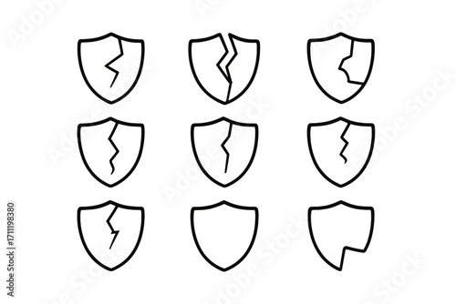 Broken shield icon set. Metaphor for failed security, vulnerability, and risk. Unsafe protection concept. Data breach and cyber attack pictogram for web and apps. Linear vector.