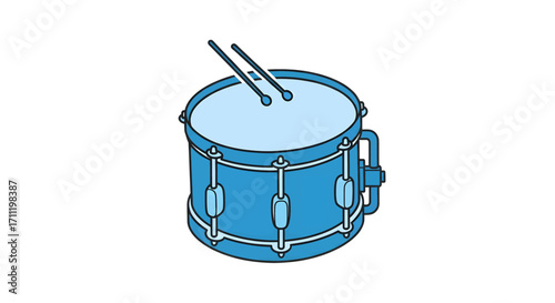 Blue snare drum with a pair of drumsticks illustration.