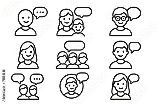 People speech bubble icons set. Modern outline style vector illustrations for design, social networks, apps, cards, communication, conversation, chat, group, individual, family