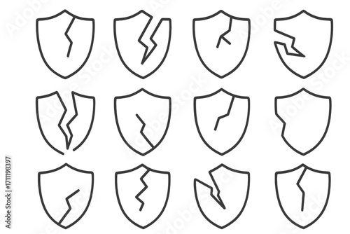 Broken shield icon set. Cracked and shattered protection and security symbols. Metaphor for vulnerability, risk, damage, and failure. Simple line art vector illustration.