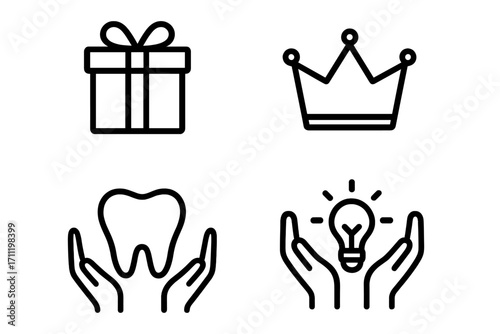 Gift and Charity Outline Symbol Set with Present, Crown, Tooth and Lightbulb Icons Between Hands for Graphic Design, Web, Cards, and Books Illustration