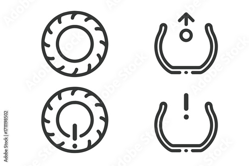 Tire pressure monitoring system icon set. Car service dashboard warning light symbol. Low tire pressure indicator sign. Flat tire alert. TPMS line art vector illustration.