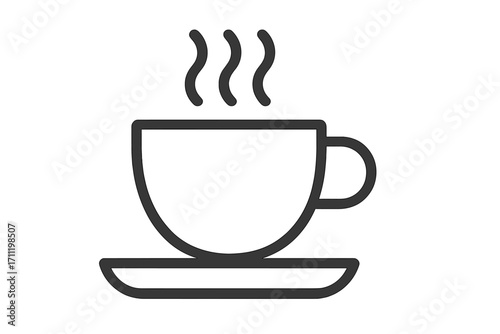 Minimalistic linear coffee icon with editable stroke, simple cup and saucer pictogram for cards, apps, banners, posts, vector cartoon illustration, transparent background