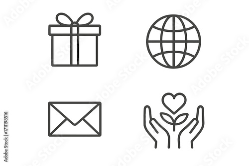 Simple linear illustration of gift, charity, present with globe, mail envelope, heart, and nature hands icons for graphics, concept, apps, support, giving, care, environment