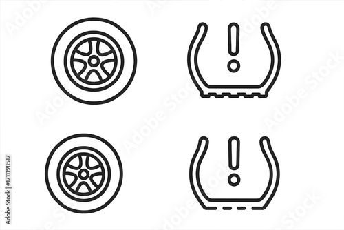 Tire pressure monitoring system icon set. TPMS warning light symbol with exclamation mark. Low tire pressure indicator. Car wheel icon. Automotive dashboard sign. Vector line art.