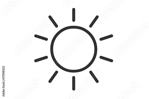 Sun icon vector graphic. Linear style weather symbol for forecast. Simple sunshine pictogram. Sunny day outline illustration. Solar energy and light concept. Minimalist summer sign.