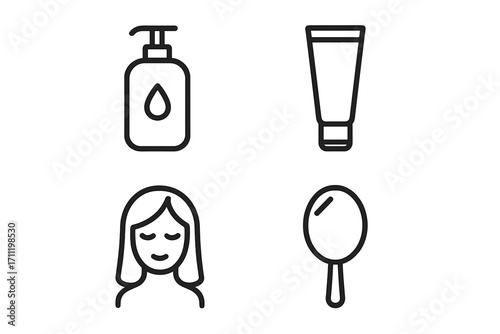 Minimalistic linear icon set of shampoo bottle, gel tube, female face silhouette, and handheld mirror for skin care, beauty, wellness, web, graphic design, apps, social media, and banners