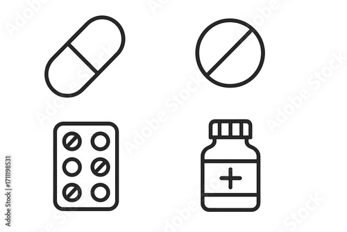 Simple outline icons of pills and medications, capsule, tablet, blister pack, medicine bottle. Line vector signs for healthcare, pharmacy, medical apps, websites, infographics transparent background
