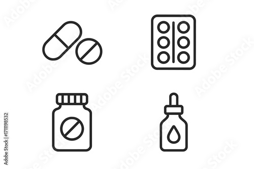 Simple outline signs of pills and medications, medicine bottles, tablets, capsules, liquid drops. Line icons set for web, apps, healthcare, pharmacy, medical infographics, transparent background