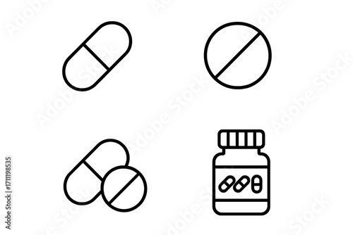 Simple outline icons of pills and medications, capsule and tablet symbols, medicine bottle and drug vector illustrations, healthcare, pharmacy, medical apps and infographics