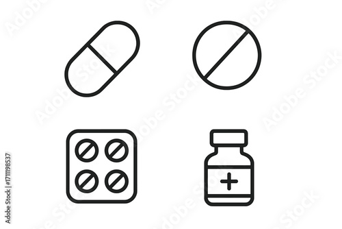 Simple outline icons of pills and medications, pill capsule, round tablet, blister pack, medicine bottle with cross, line art vector illustration for websites, apps, medical infographics