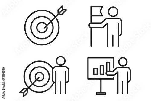 Business goal and achievement line icon set. Target with arrow, leader with flag, data presentation, and audience targeting. Concept for success, strategy, and growth.
