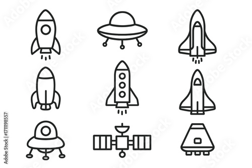Spaceship line icon collection, editable stroke vector set with rockets, UFOs, satellites, space shuttles, cartoons for infographics, articles, books, flyers, banners, transparent background