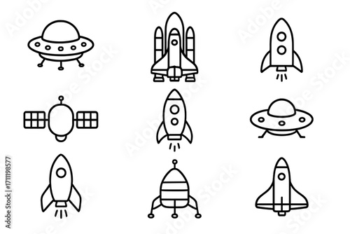 Spaceship line icon collection, editable stroke vector set, futuristic rocket and UFO illustrations, space exploration symbols for infographics, articles, books, flyers, banners design