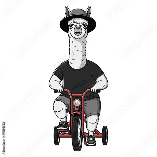 Vector Illustration of Llama Riding Bicycle in Casual Modern Style with Monochrome Colors