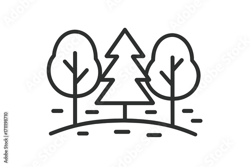Vector line icon of trees in forest, nature landscape with pine tree and deciduous trees, eco environment, outdoor scene for graphic design, web, cards, books, and articles illustration