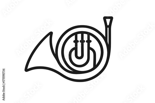 French horn vector line icon. Brass musical instrument symbol. Simple outline logo for classical orchestra or jazz band. Music education, concert, or festival graphic element.