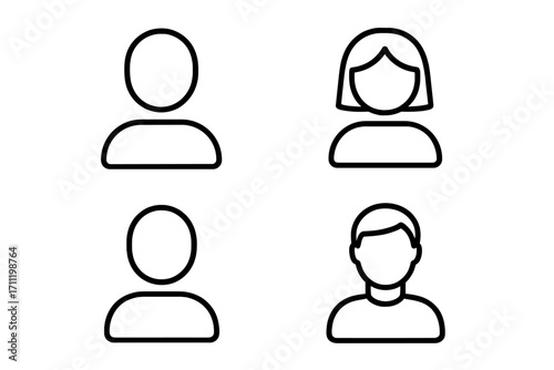 User avatar icon set. Simple profile picture placeholder. Male and female person silhouette for web design, apps, and UI. Minimalistic linear default account symbol.