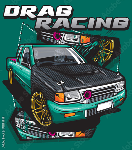 Teal Custom Drag Racing Pickup Truck with Carbon Fiber Hood and Gold Wheels.