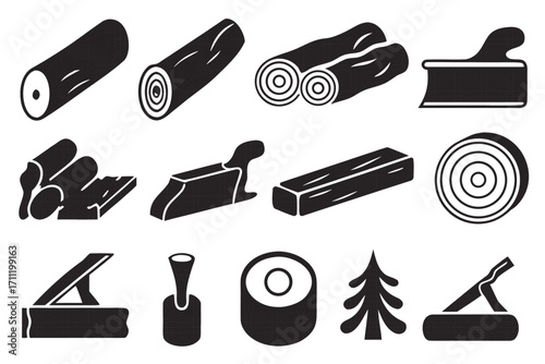 Collection of woodworking icons, featuring logs, lumber, and tools for carpentry and forestry projects