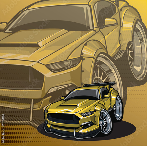 Golden Mustang Cartoon Illustration with Wide Body Kit and Spoiler Vector Style.