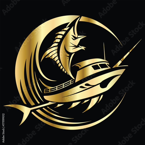 Golden Marlin Fish Logo Design – Luxury Sailfish Vector Emblem for Sport Fishing, Seafood Branding, Ocean Adventure Badge, Premium Fisherman Club Icon, Stylish Golden Logo Illustration.
