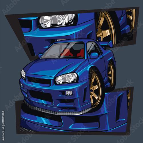 Stylized Blue Sports Car with Gold Rims and Red Interior.