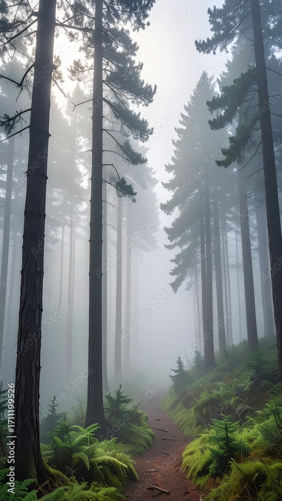 Obraz premium Serene Forest Pathway Through Foggy Woodland Landscape in Sunrise