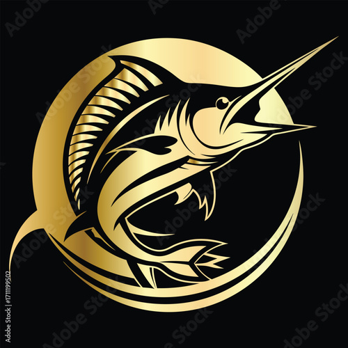 Golden Marlin Fish Logo Design – Luxury Sailfish Vector Emblem for Sport Fishing, Seafood Branding, Ocean Adventure Badge, Premium Fisherman Club Icon, Stylish Golden Logo Illustration.
